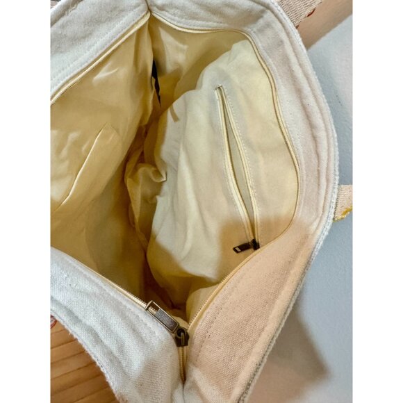 Canvas Tote Bag With Red Stripes Yellow & Blue Accents Multicolor Handles - Picture 6 of 8